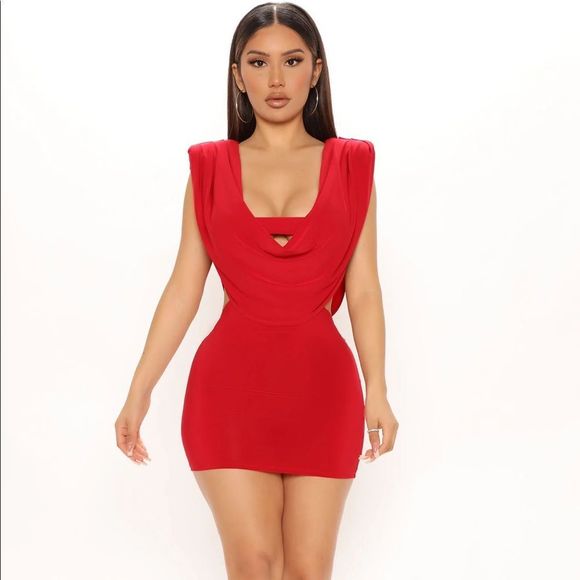 NWT Fashion Nova Deep Cowl Neck Red Mini Dress - Size XL - Picture 4 of 16